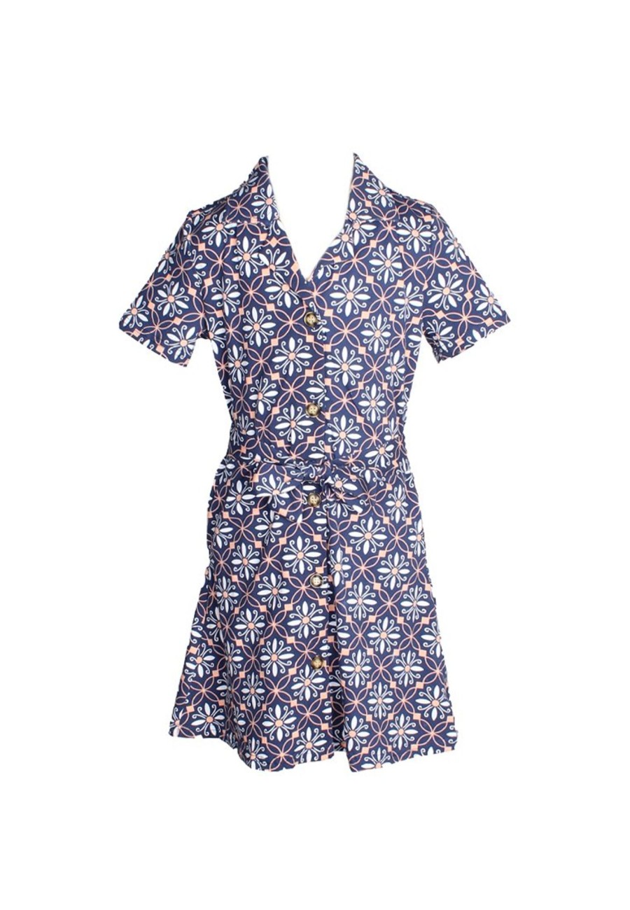 Matching Sets moleyapparels | Peranakan Inspired Print Button Down Dress Navy (Girl'S Dress)