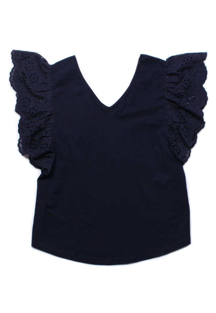 Ladies moleyapparels | Ruffles V-Neck Eyelet Blouse Navy (Ladies' Top)