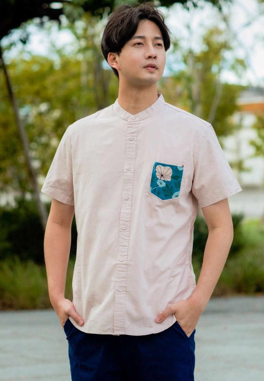 Matching Sets moleyapparels | Lotus Foliage Embroidery Pocket Mandarin Collar Short Sleeve Shirt Pink (Men'S Shirt)