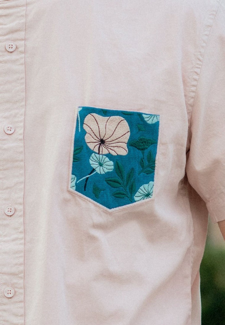 Matching Sets moleyapparels | Lotus Foliage Embroidery Pocket Mandarin Collar Short Sleeve Shirt Pink (Men'S Shirt)