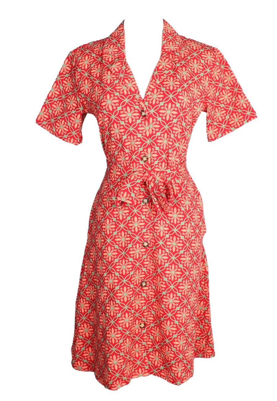 Matching Sets moleyapparels | Peranakan Inspired Print Button Down Dress Red (Ladies' Dress)