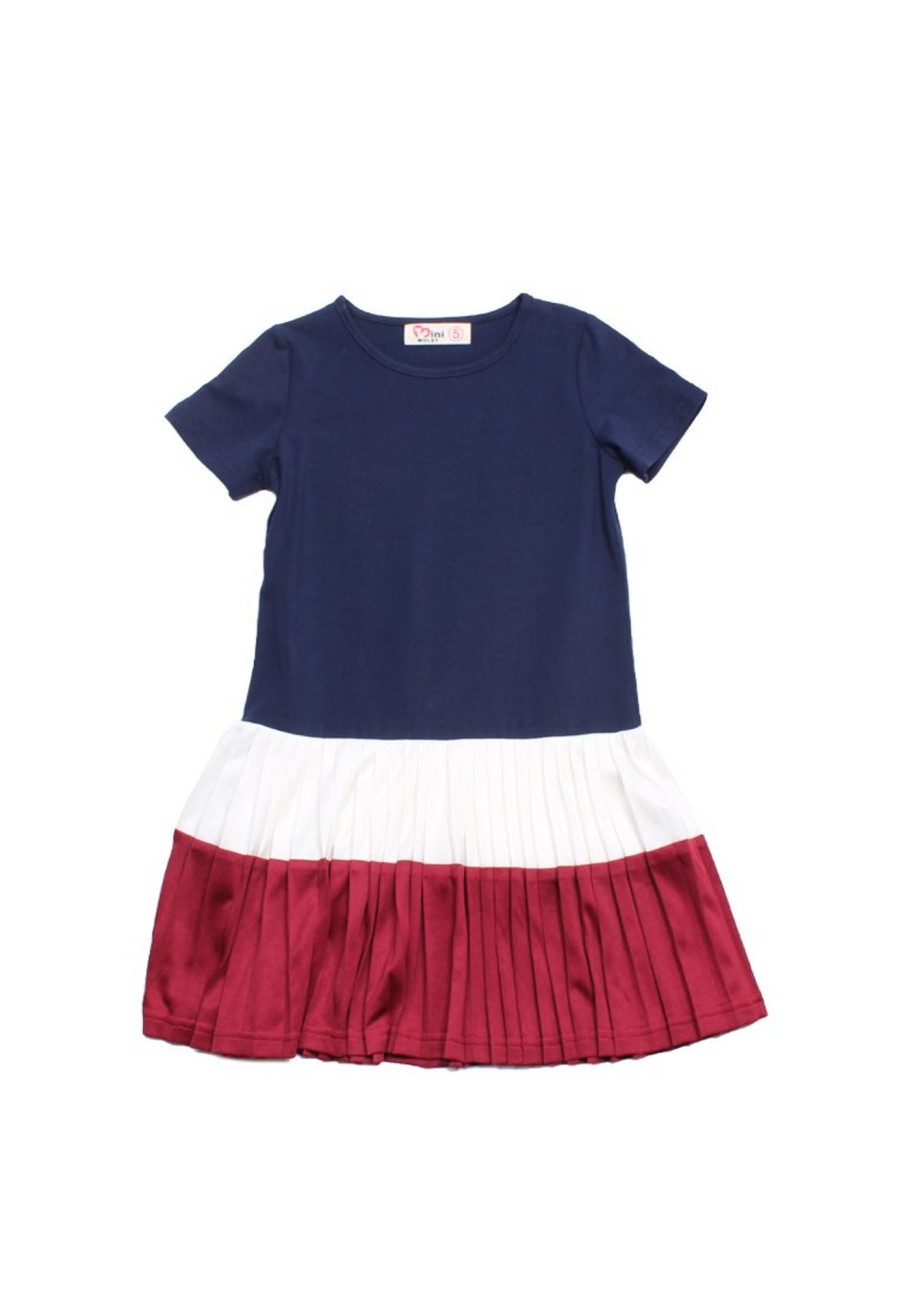 Matching Sets moleyapparels | Colour Block Tiered Pleated Girl'S Dress Navy