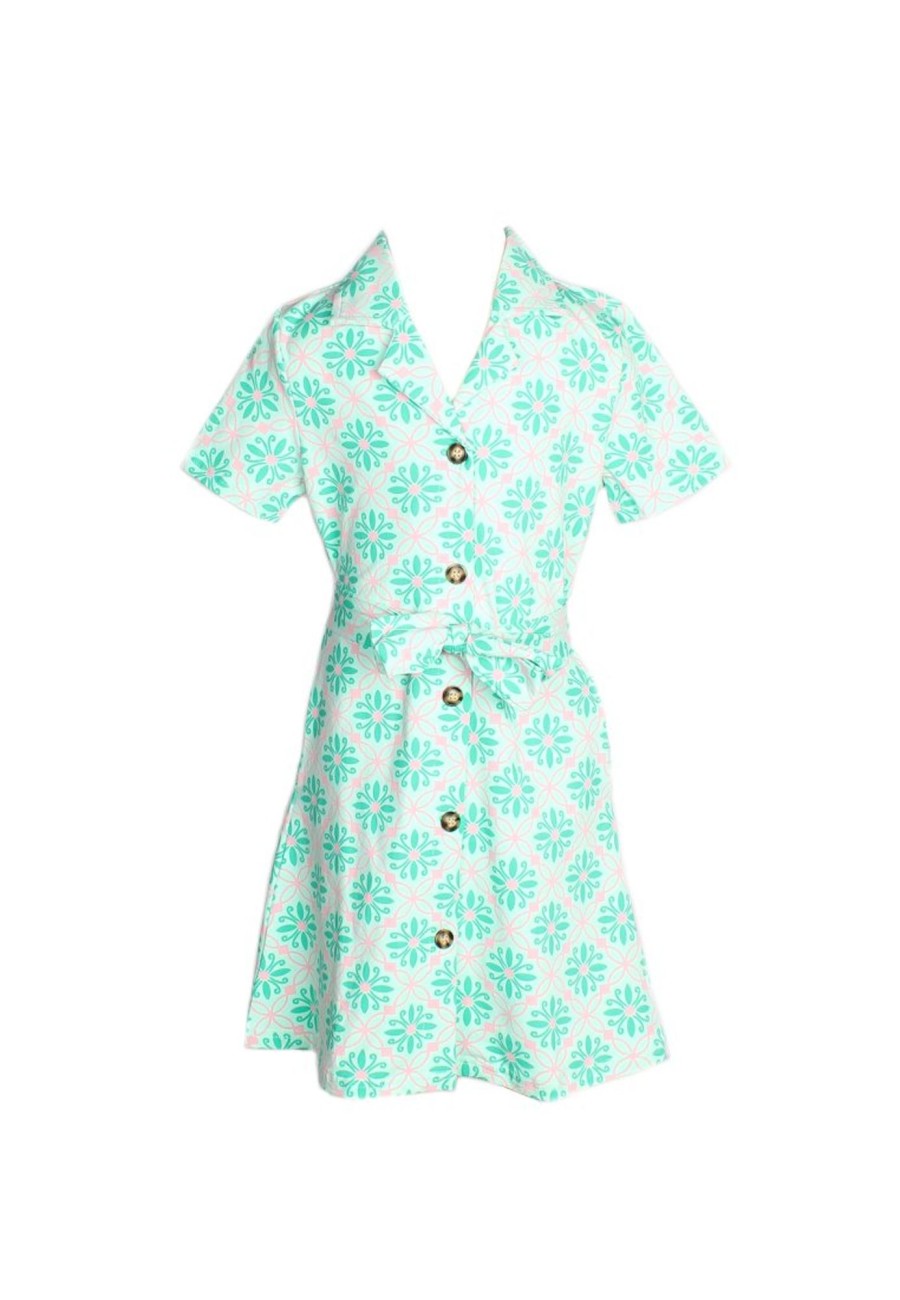 Matching Sets moleyapparels | Peranakan Inspired Print Button Down Dress Green (Girl'S Dress)