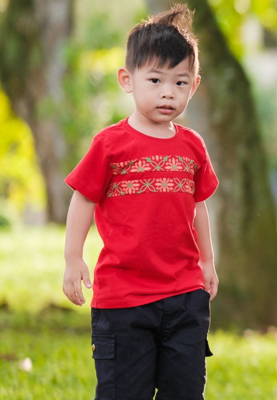 Matching Sets moleyapparels | Twin Panel Peranakan Inspired Print T-Shirt Red (Boy'S T-Shirt)