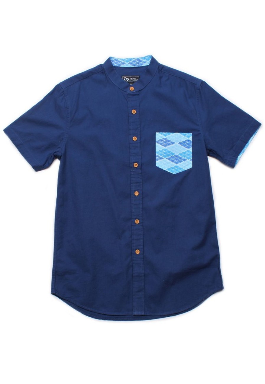 Matching Sets moleyapparels | Classic Motif Print Pocket Mandarin Collar Short Sleeve Shirt Navy (Men'S Shirt)