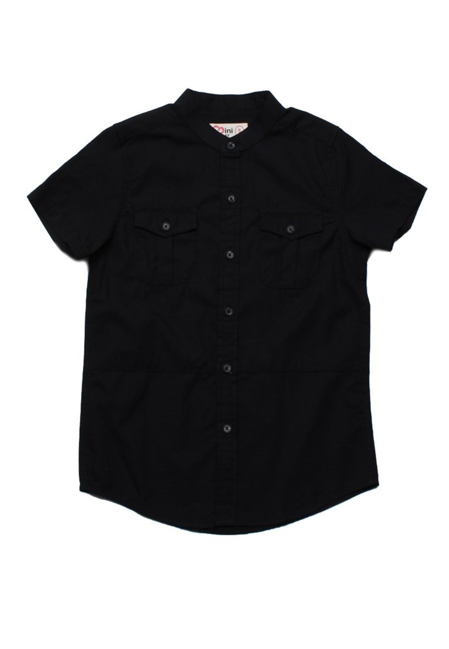 Matching Sets moleyapparels | Brushed Cotton Mandarin Collar Short Sleeve Shirt Black (Boy'S Shirt)