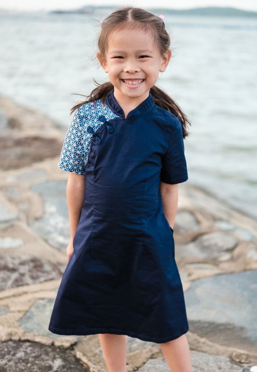 Matching Sets moleyapparels | Motif Detailed Twill Cheongsam Inspired Dress Navy (Girl'S Dress)