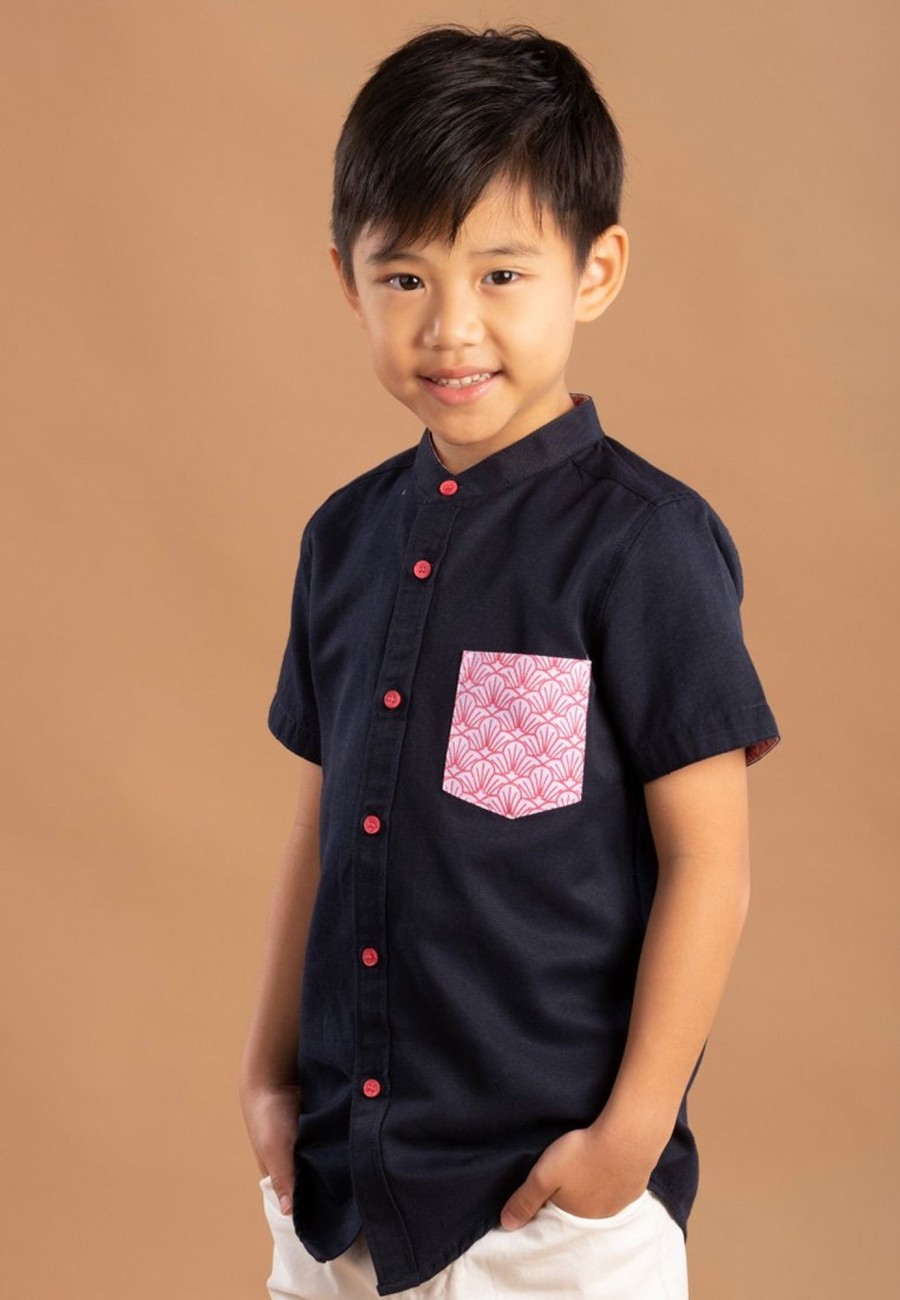 Boys moleyapparels | Seashell Print Pocket Mandarin Collar Short Sleeve Shirt Navy (Boy'S Shirt)