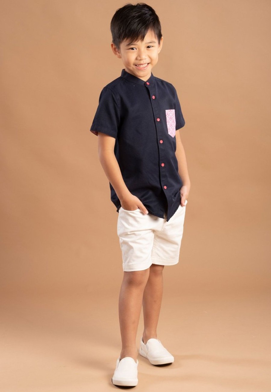 Boys moleyapparels | Seashell Print Pocket Mandarin Collar Short Sleeve Shirt Navy (Boy'S Shirt)