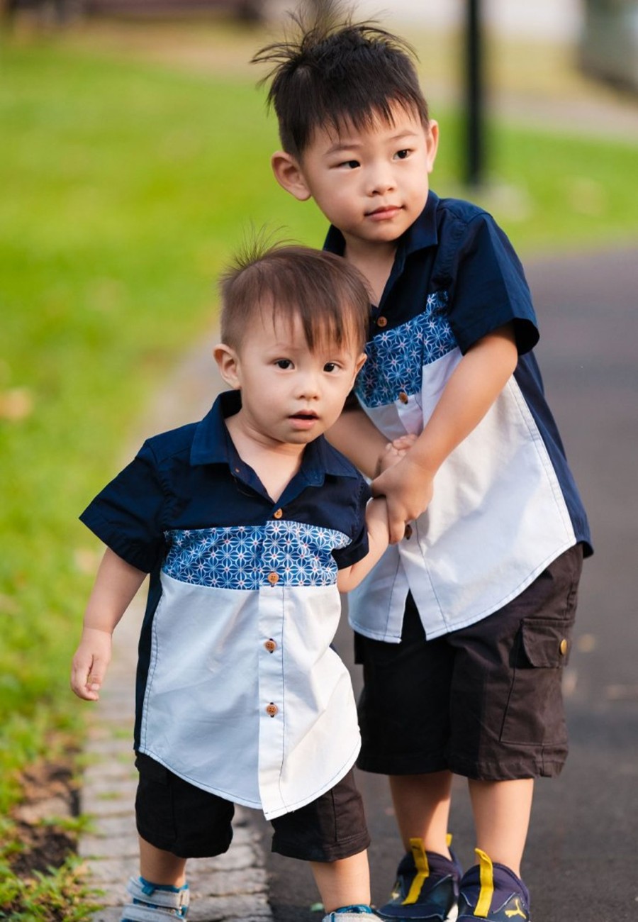 Matching Sets moleyapparels | Motif Detailed Panel Premium Short Sleeve Shirt Navy (Boy'S Shirt)