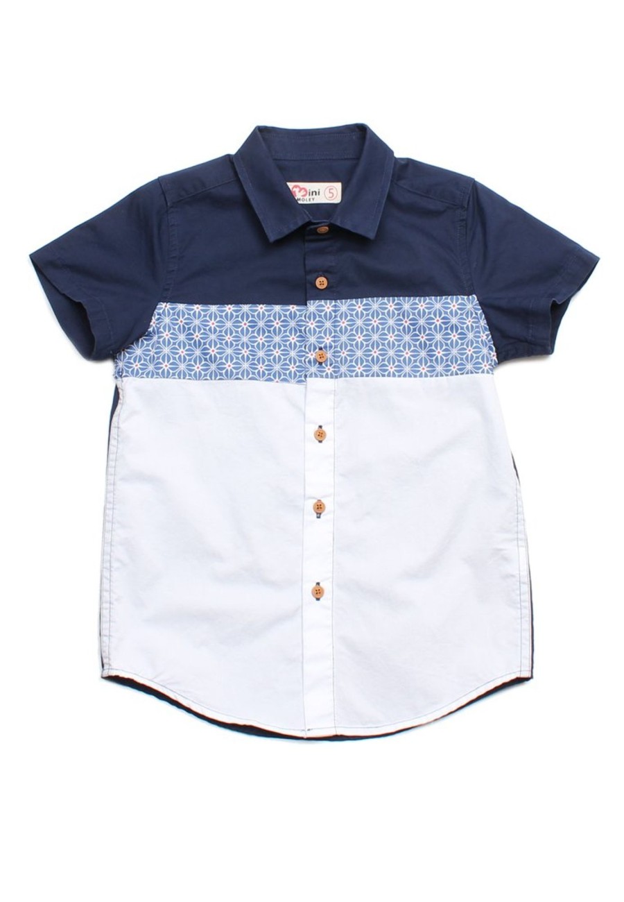 Matching Sets moleyapparels | Motif Detailed Panel Premium Short Sleeve Shirt Navy (Boy'S Shirt)