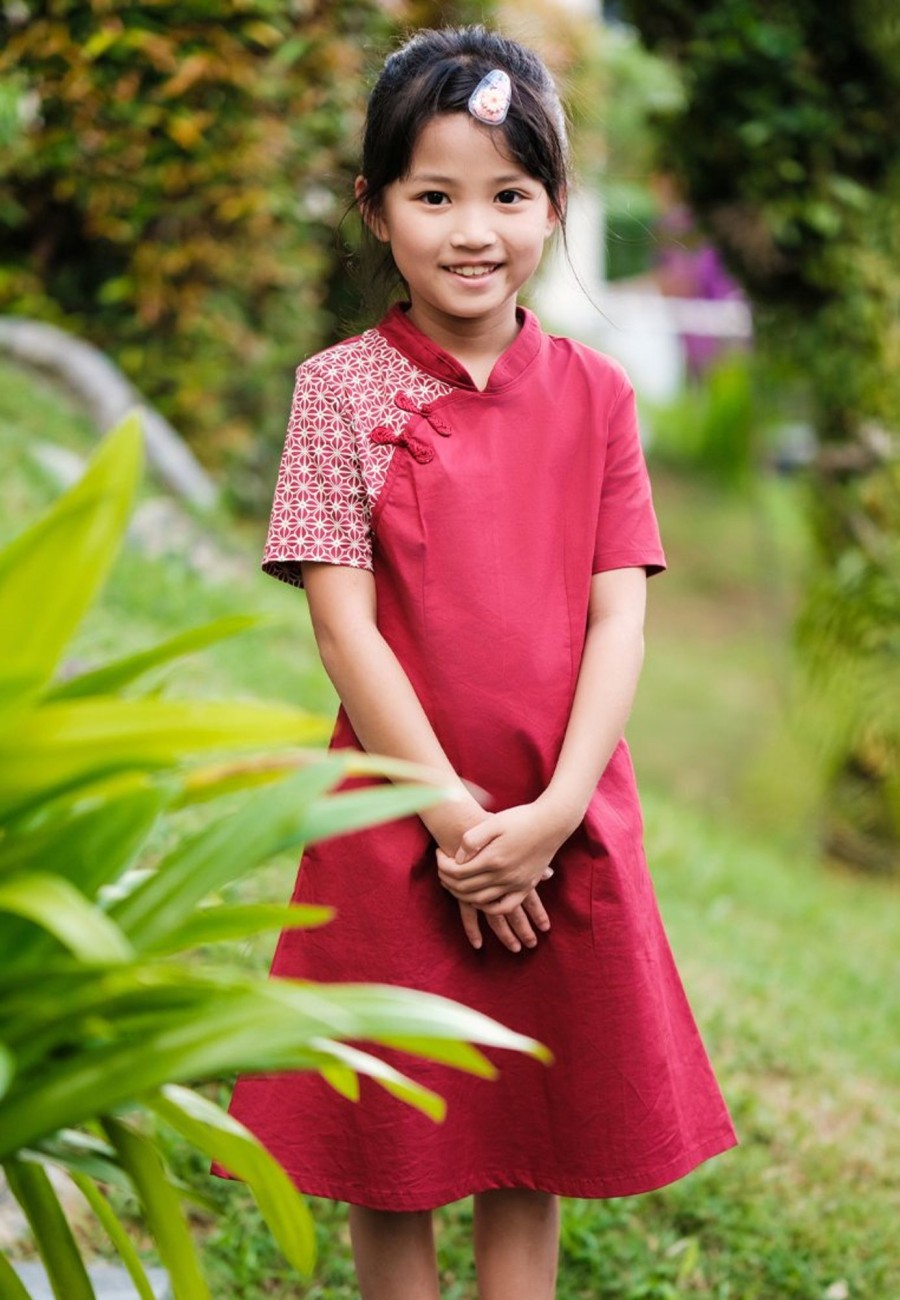 Matching Sets moleyapparels | Motif Detailed Twill Cheongsam Inspired Dress Red (Girl'S Dress)