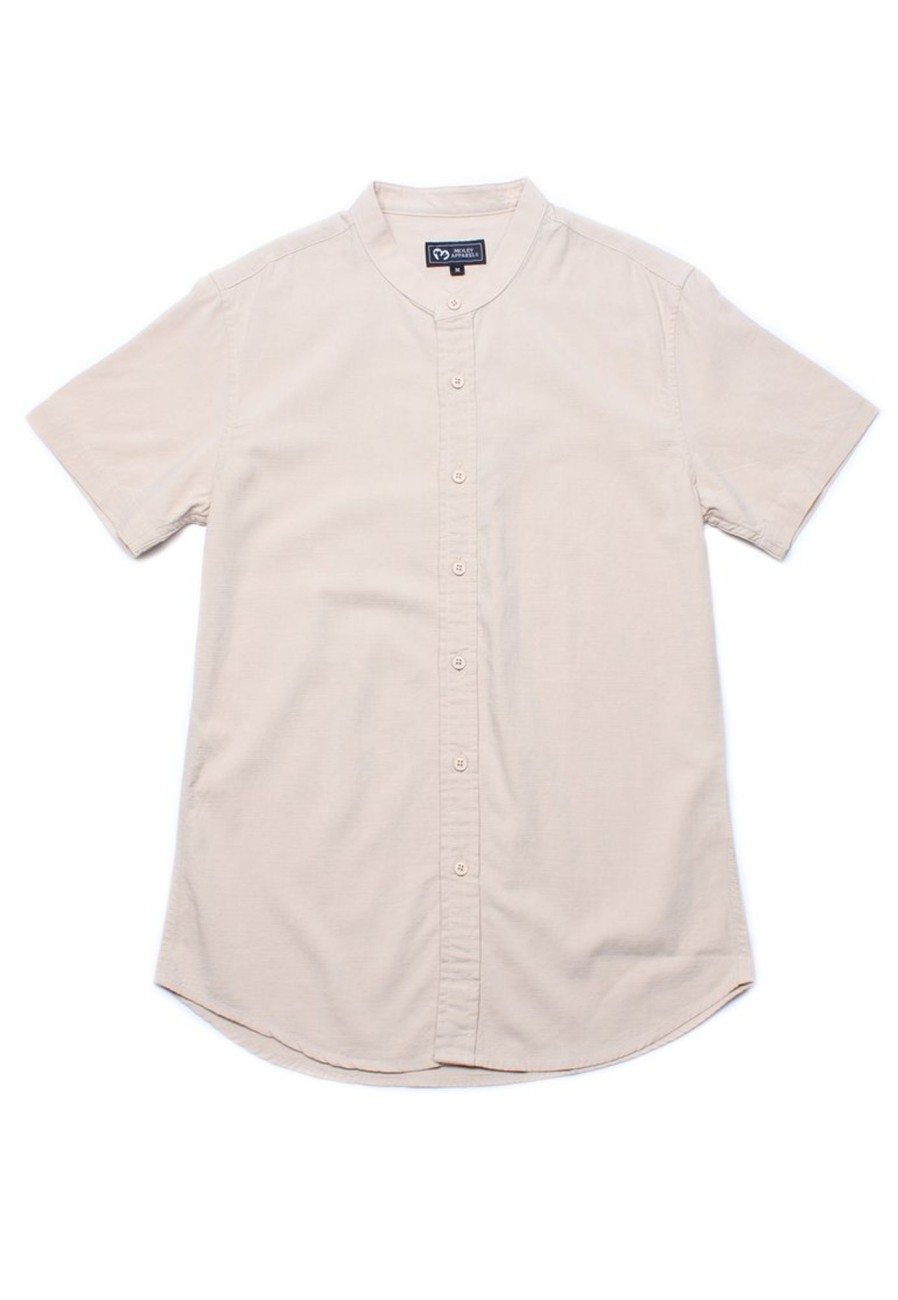 Men moleyapparels | Linen Premium Mandarin Collar Short Sleeve Shirt Khaki (Men'S Shirt)