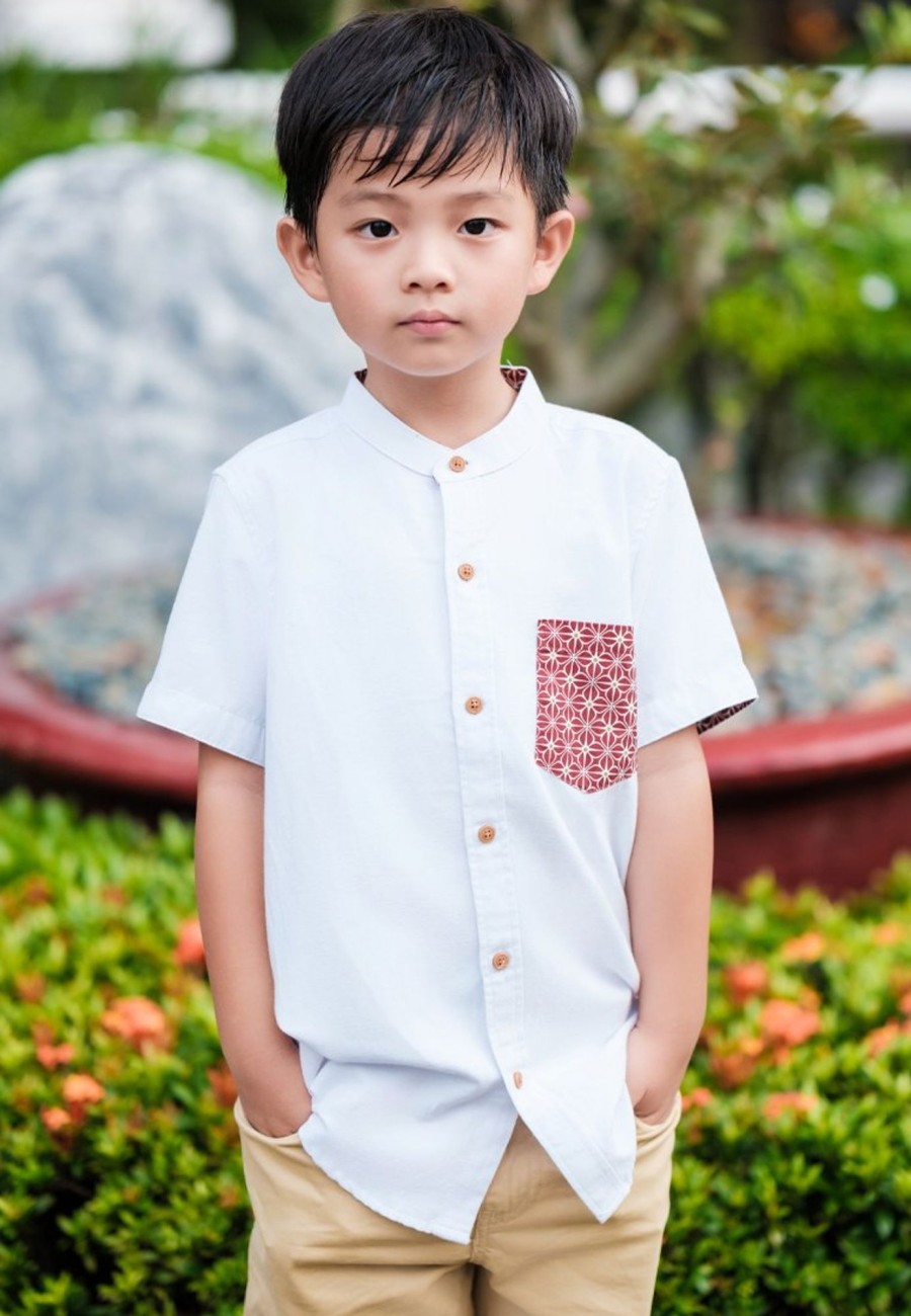 Matching Sets moleyapparels | Motif Detailed Pocket Premium Short Sleeve Shirt White (Boy'S Shirt)