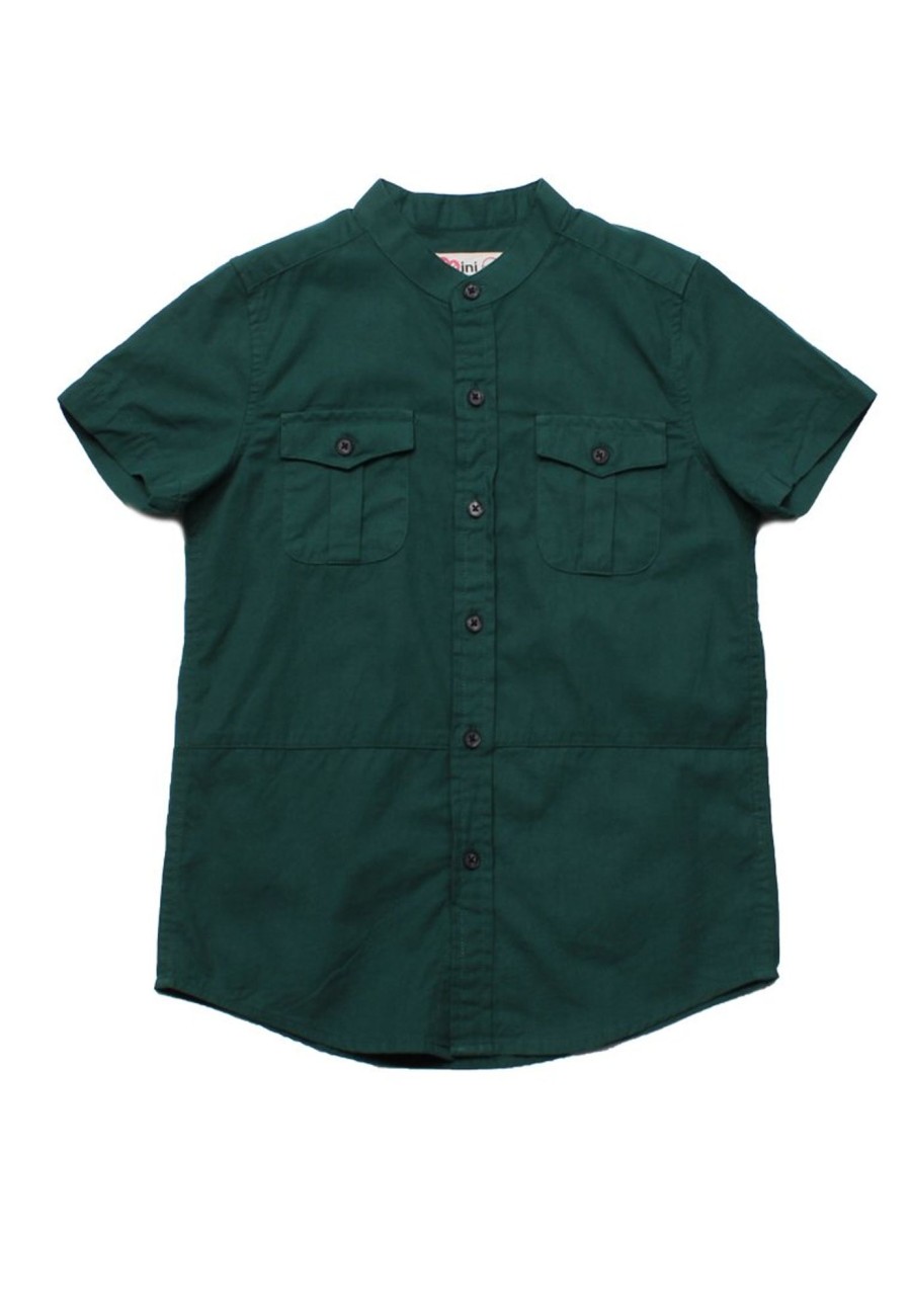 Matching Sets moleyapparels | Brushed Cotton Mandarin Collar Short Sleeve Shirt Green (Boy'S Shirt)