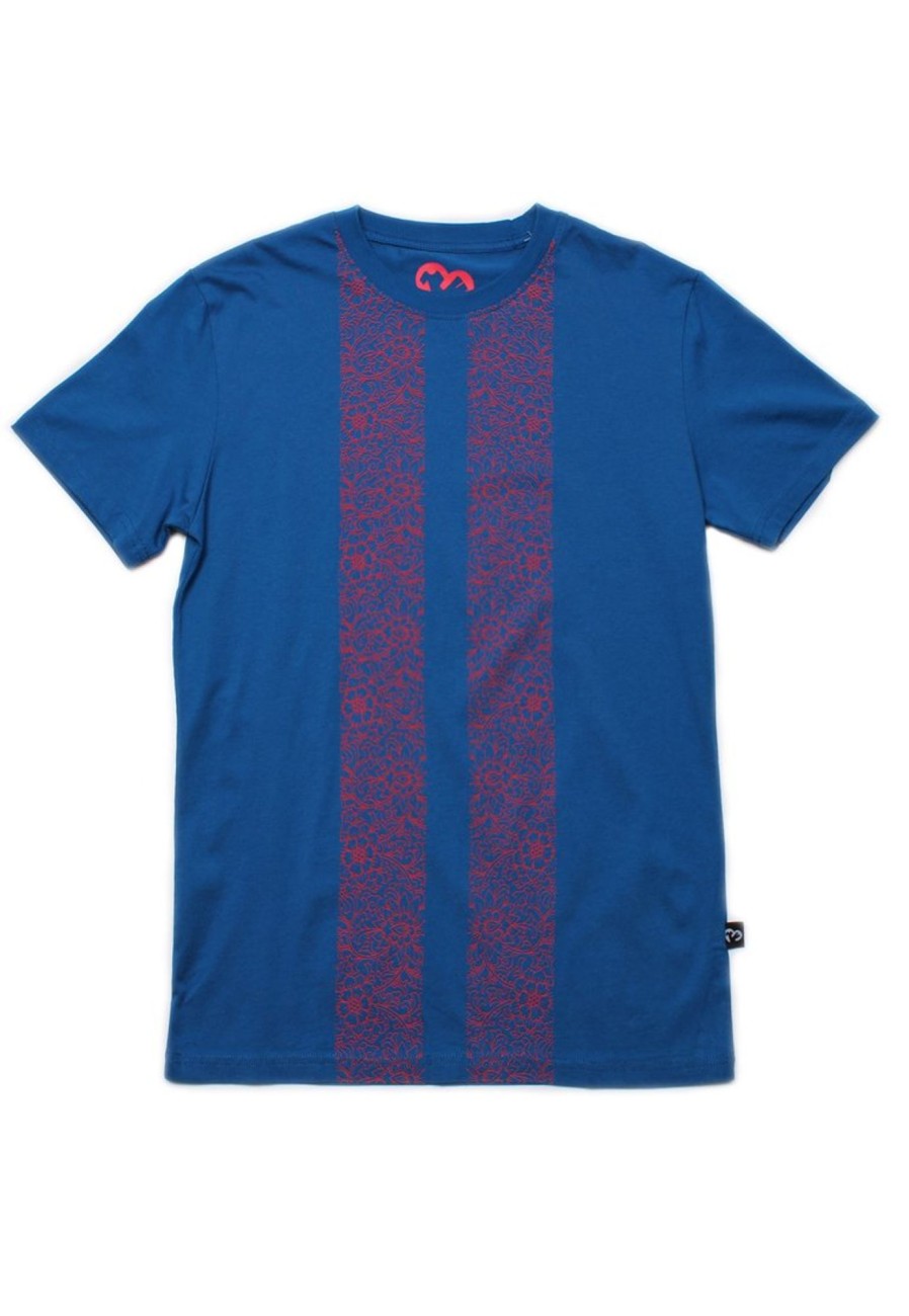 Men moleyapparels | Floral Printed Twin Stripe T-Shirt Blue (Men'S T-Shirt)