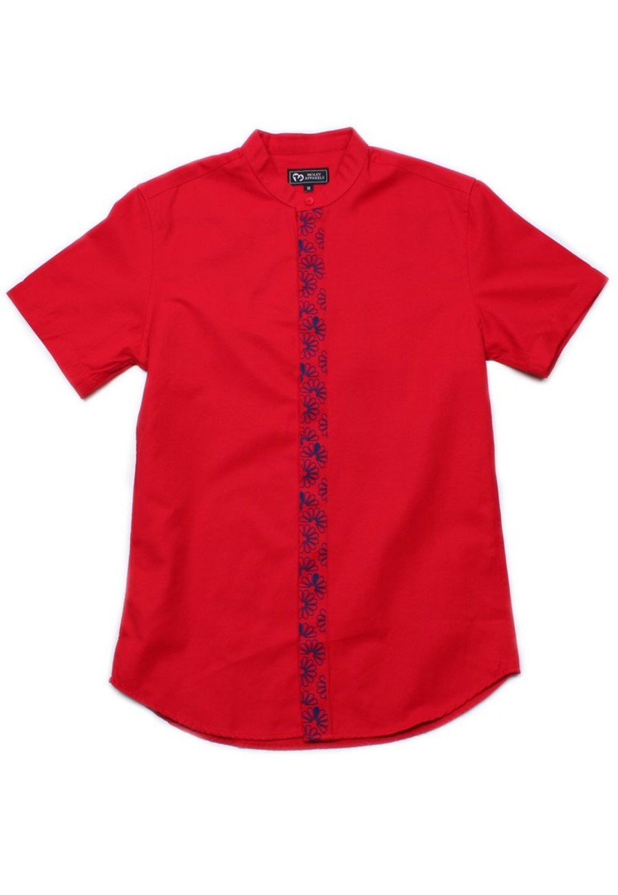 Men moleyapparels | Floral Patterned Print Mandarin Collar Short Sleeve Shirt Red (Men'S Shirt)