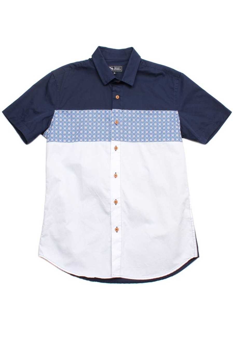 Matching Sets moleyapparels | Motif Detailed Panel Premium Short Sleeve Shirt Navy (Men'S Shirt)