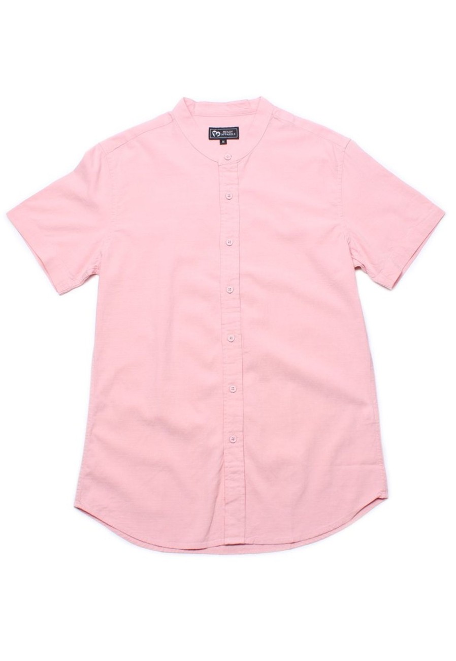 Men moleyapparels | Linen Premium Mandarin Collar Short Sleeve Shirt Pink (Men'S Shirt)