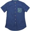 Men moleyapparels | Floral Print Pocket Mandarin Collar Short Sleeve Shirt Navy (Men'S Shirt)