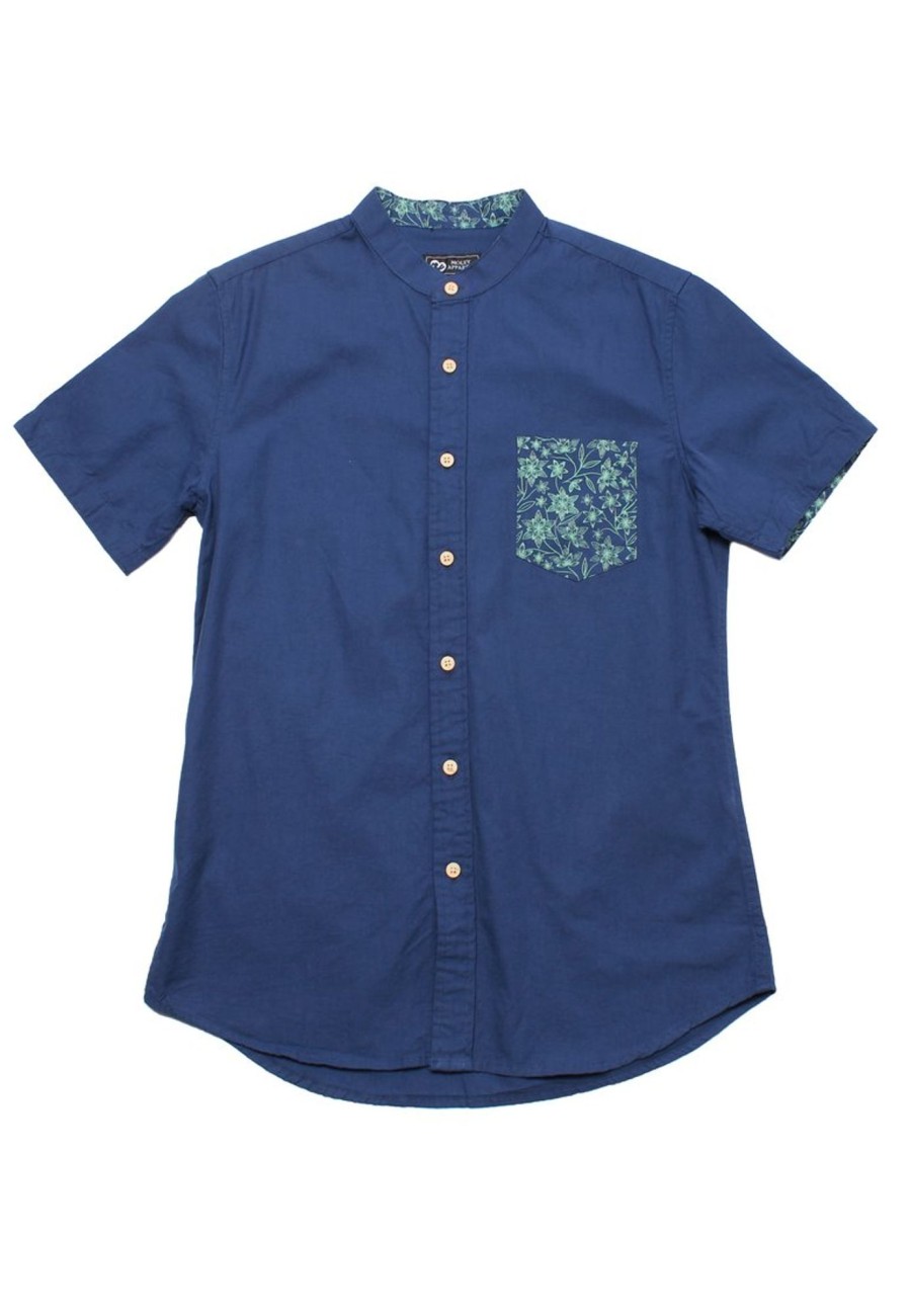 Men moleyapparels | Floral Print Pocket Mandarin Collar Short Sleeve Shirt Navy (Men'S Shirt)