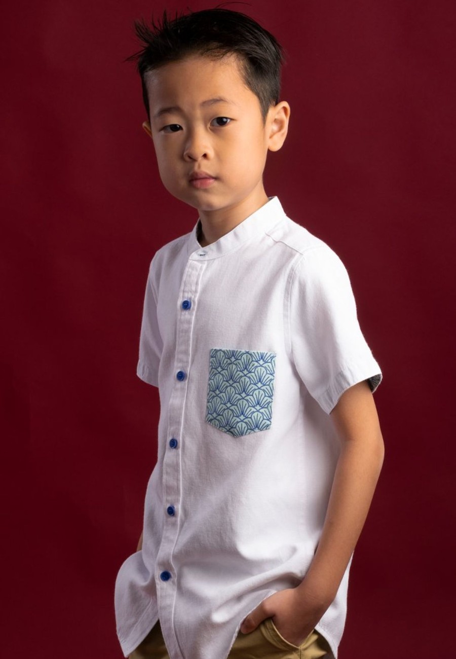 Boys moleyapparels | Seashell Print Pocket Mandarin Collar Short Sleeve Shirt White (Boy'S Shirt)