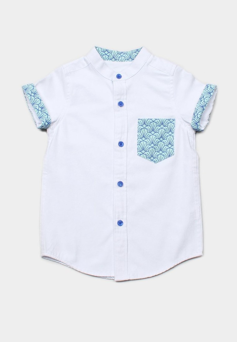 Boys moleyapparels | Seashell Print Pocket Mandarin Collar Short Sleeve Shirt White (Boy'S Shirt)