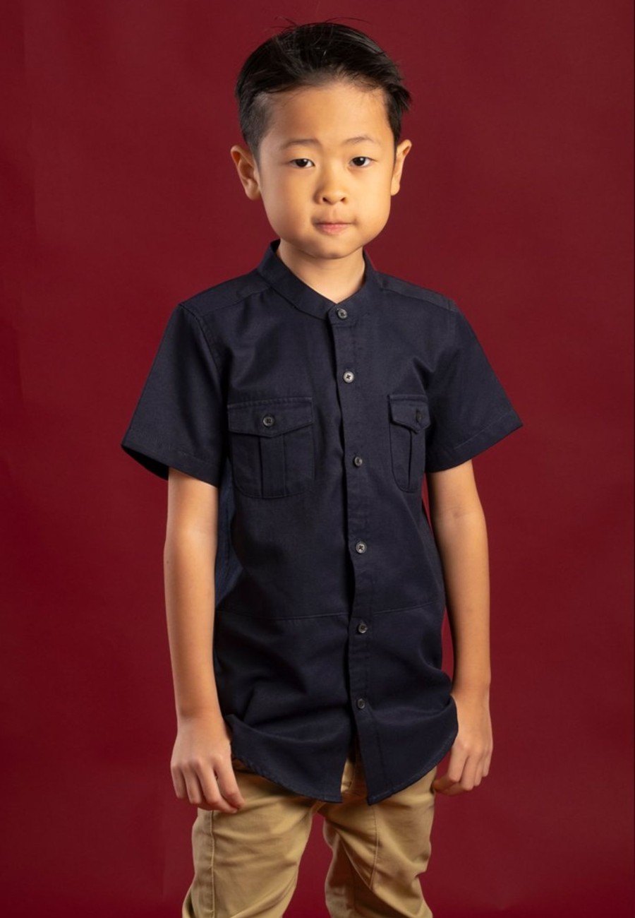 Boys moleyapparels | Brushed Cotton Twin Pocket Short Sleeve Shirt Navy (Boy'S Shirt)