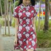 Ladies moleyapparels | Lotus Foliage Print Cheongsam Inspired Dress Red (Ladies' Dress)