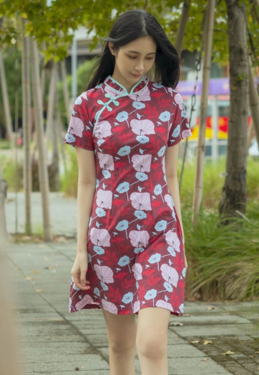 Ladies moleyapparels | Lotus Foliage Print Cheongsam Inspired Dress Red (Ladies' Dress)