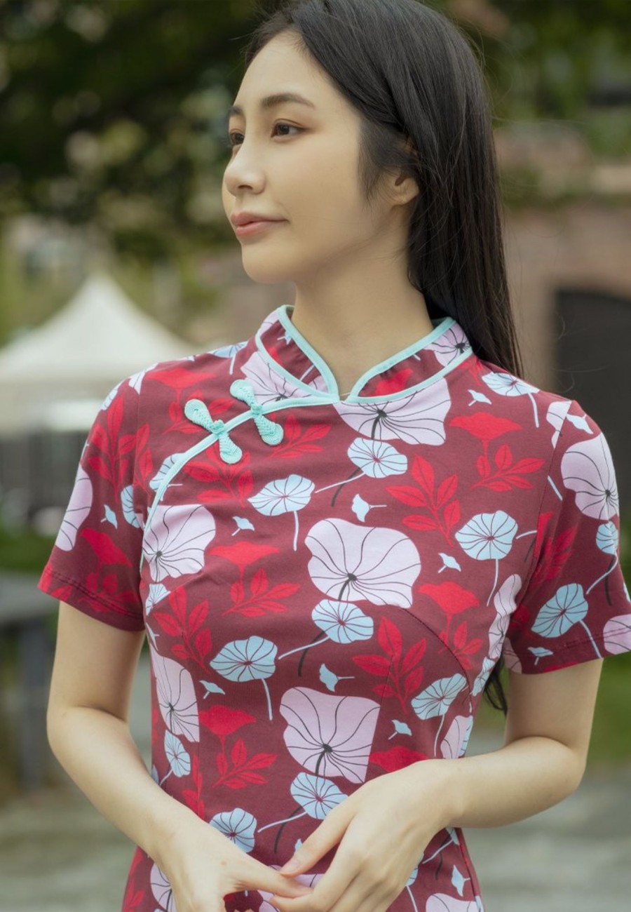 Ladies moleyapparels | Lotus Foliage Print Cheongsam Inspired Dress Red (Ladies' Dress)