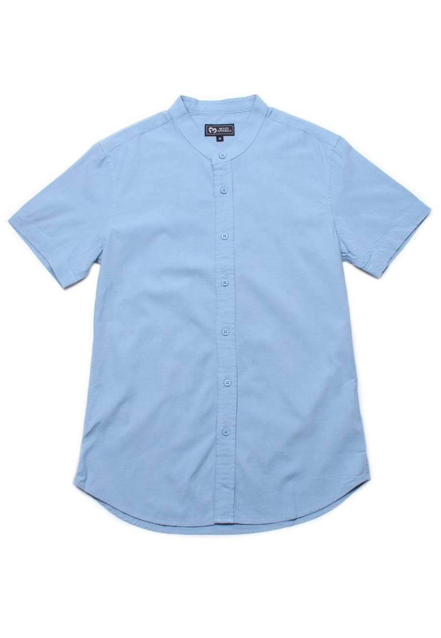 Men moleyapparels | Linen Premium Mandarin Collar Short Sleeve Shirt Blue (Men'S Shirt)