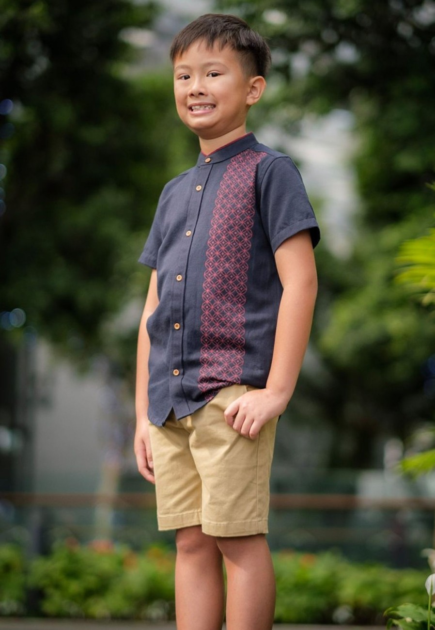 Boys moleyapparels | Oriental Rings Print Mandarin Collar Short Sleeve Shirt Navy (Boy'S Shirt)