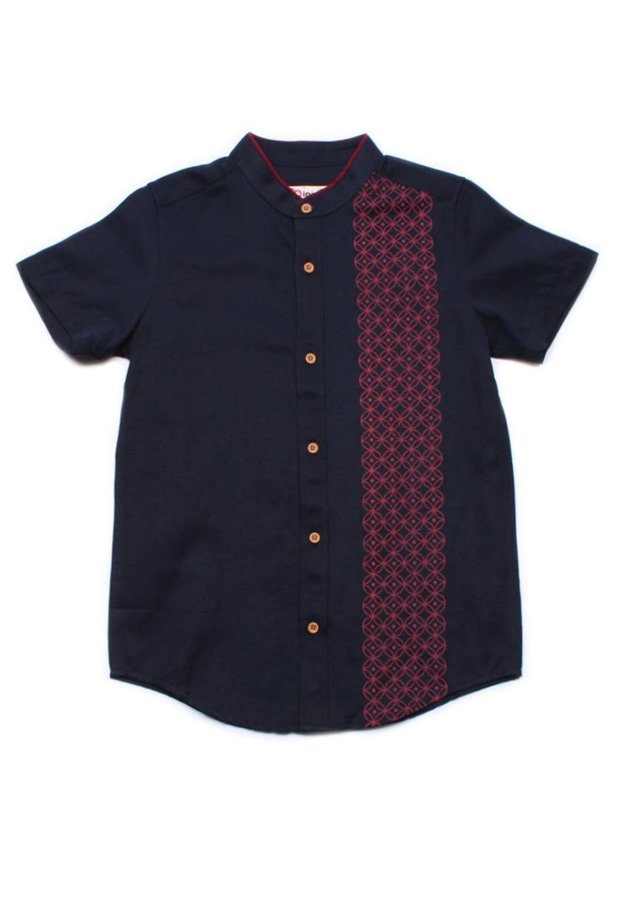 Boys moleyapparels | Oriental Rings Print Mandarin Collar Short Sleeve Shirt Navy (Boy'S Shirt)