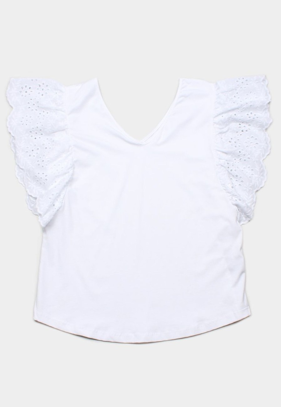 Ladies moleyapparels | Ruffles V-Neck Eyelet Blouse White (Ladies' Top)