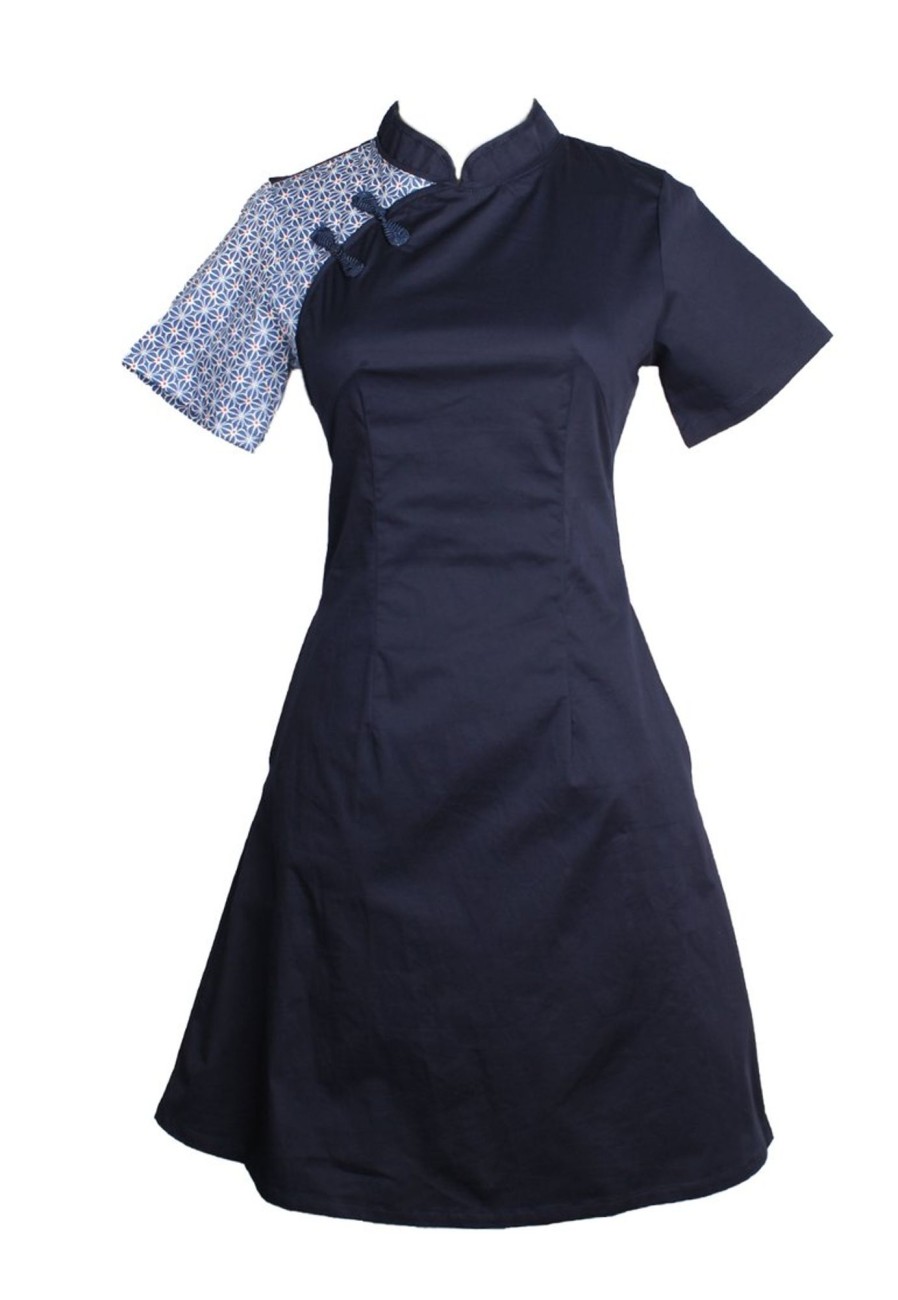 Matching Sets moleyapparels | Motif Detailed Twill Cheongsam Inspired Dress Navy (Ladies' Dress)