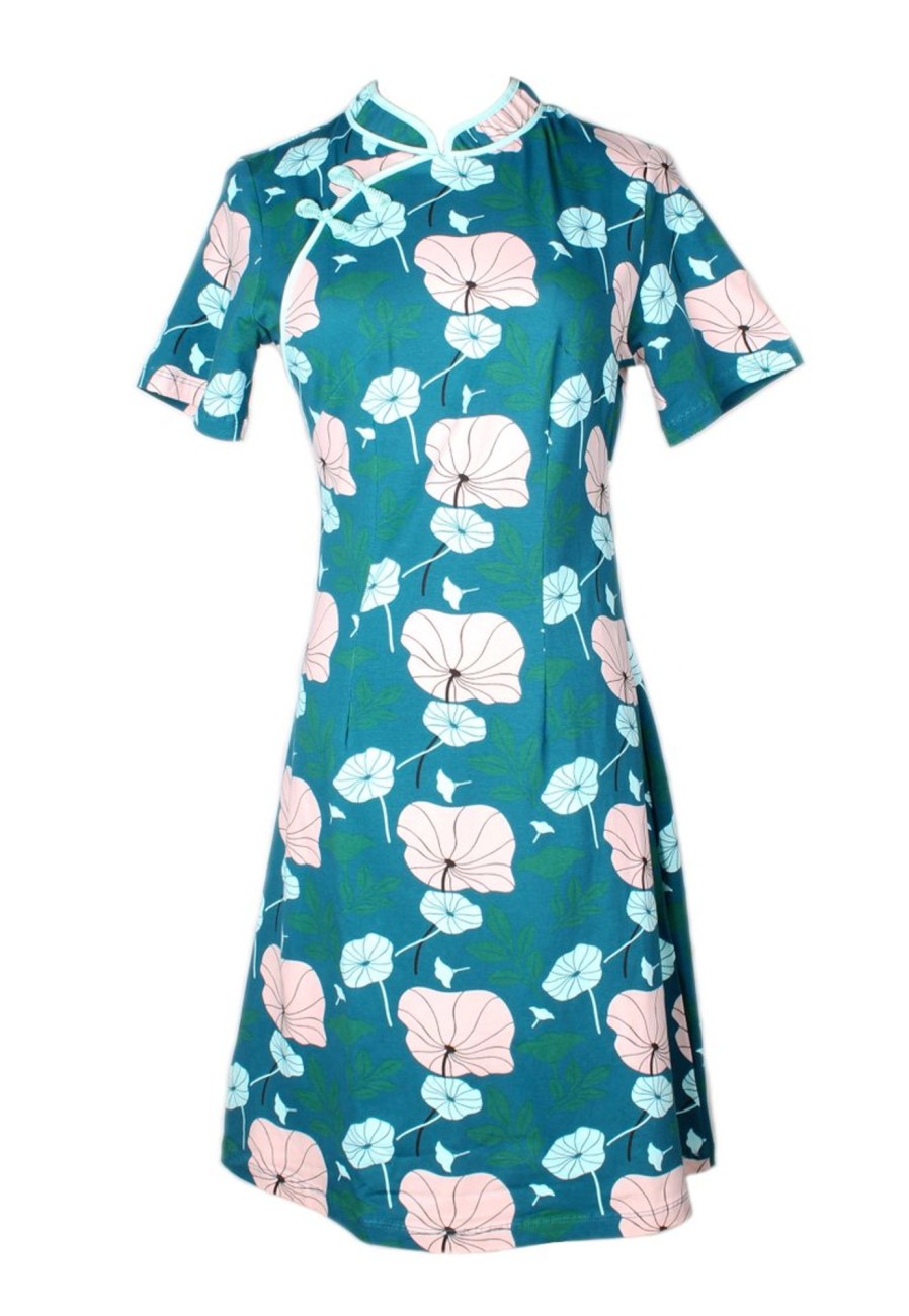 Ladies moleyapparels | Lotus Foliage Print Cheongsam Inspired Dress Turquoise (Ladies' Dress)