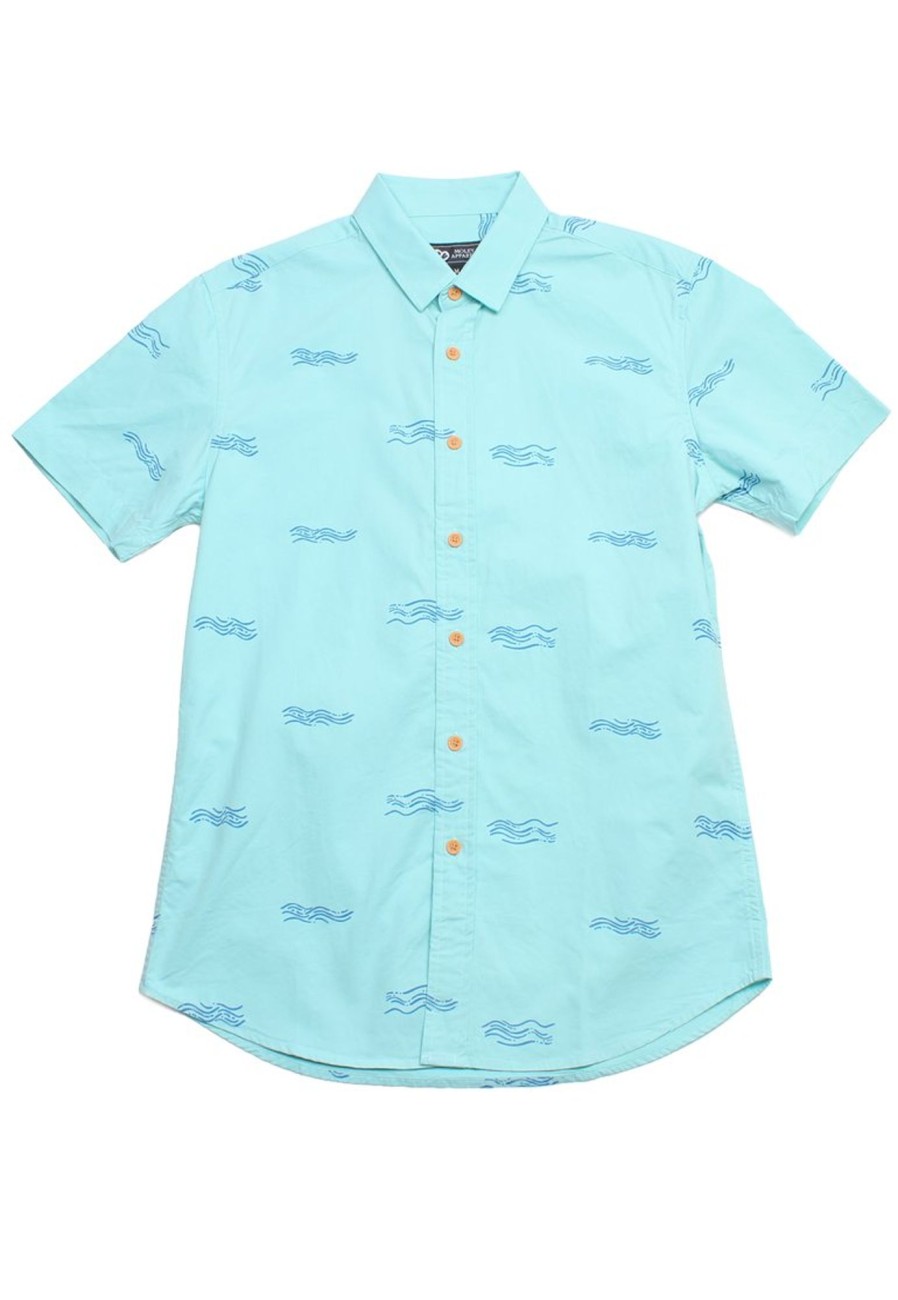 Men moleyapparels | Wave Print Short Sleeve Shirt Cyan (Men'S Shirt)