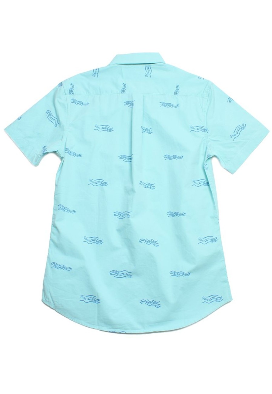 Men moleyapparels | Wave Print Short Sleeve Shirt Cyan (Men'S Shirt)