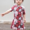 Matching Sets moleyapparels | Lotus Foliage Print Cheongsam Inspired Dress Red (Girl'S Dress)