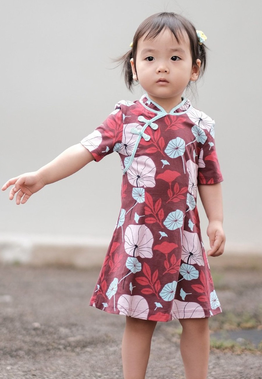 Matching Sets moleyapparels | Lotus Foliage Print Cheongsam Inspired Dress Red (Girl'S Dress)