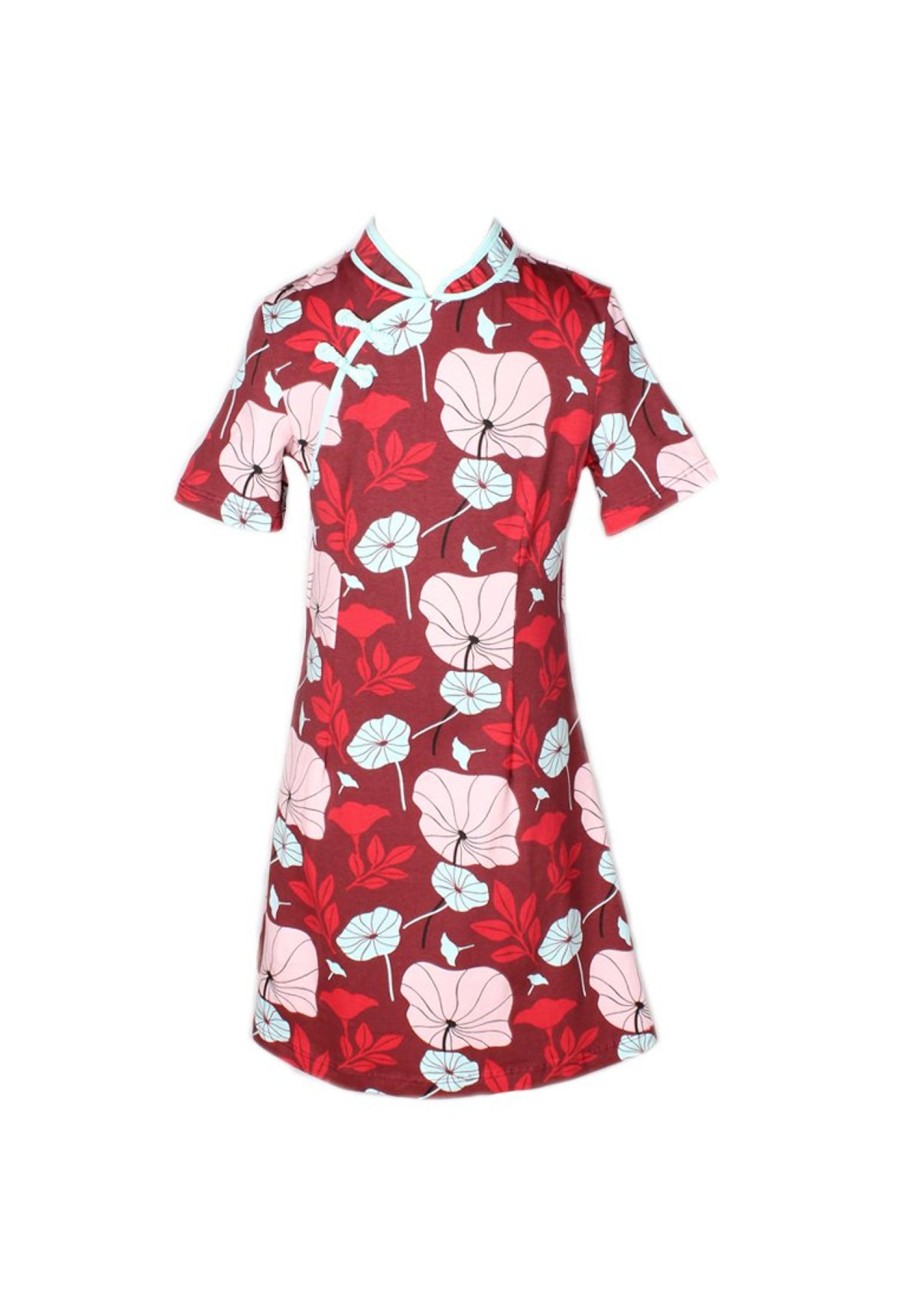 Matching Sets moleyapparels | Lotus Foliage Print Cheongsam Inspired Dress Red (Girl'S Dress)