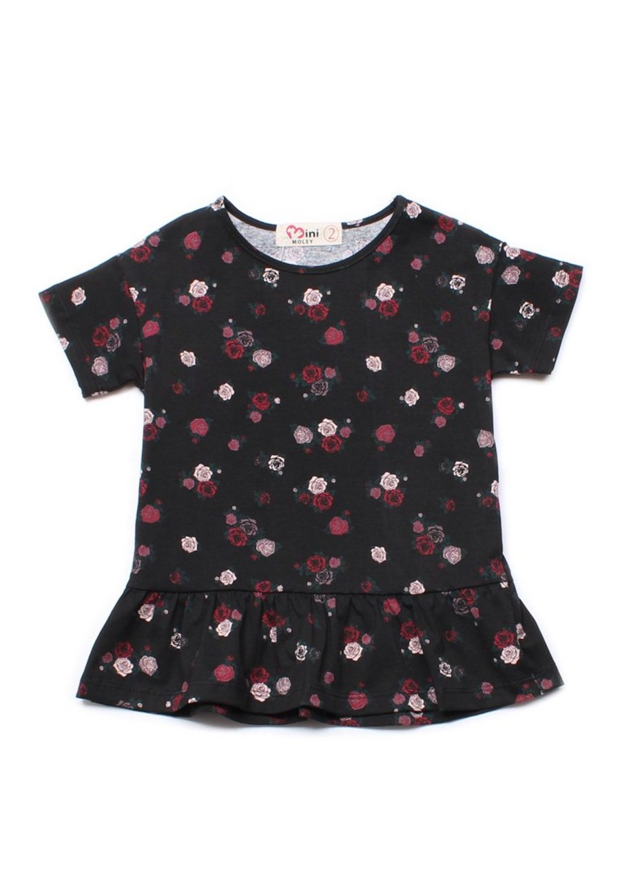 Girls moleyapparels | Rose Print Frill T-Shirt Black (Girl'S Top)