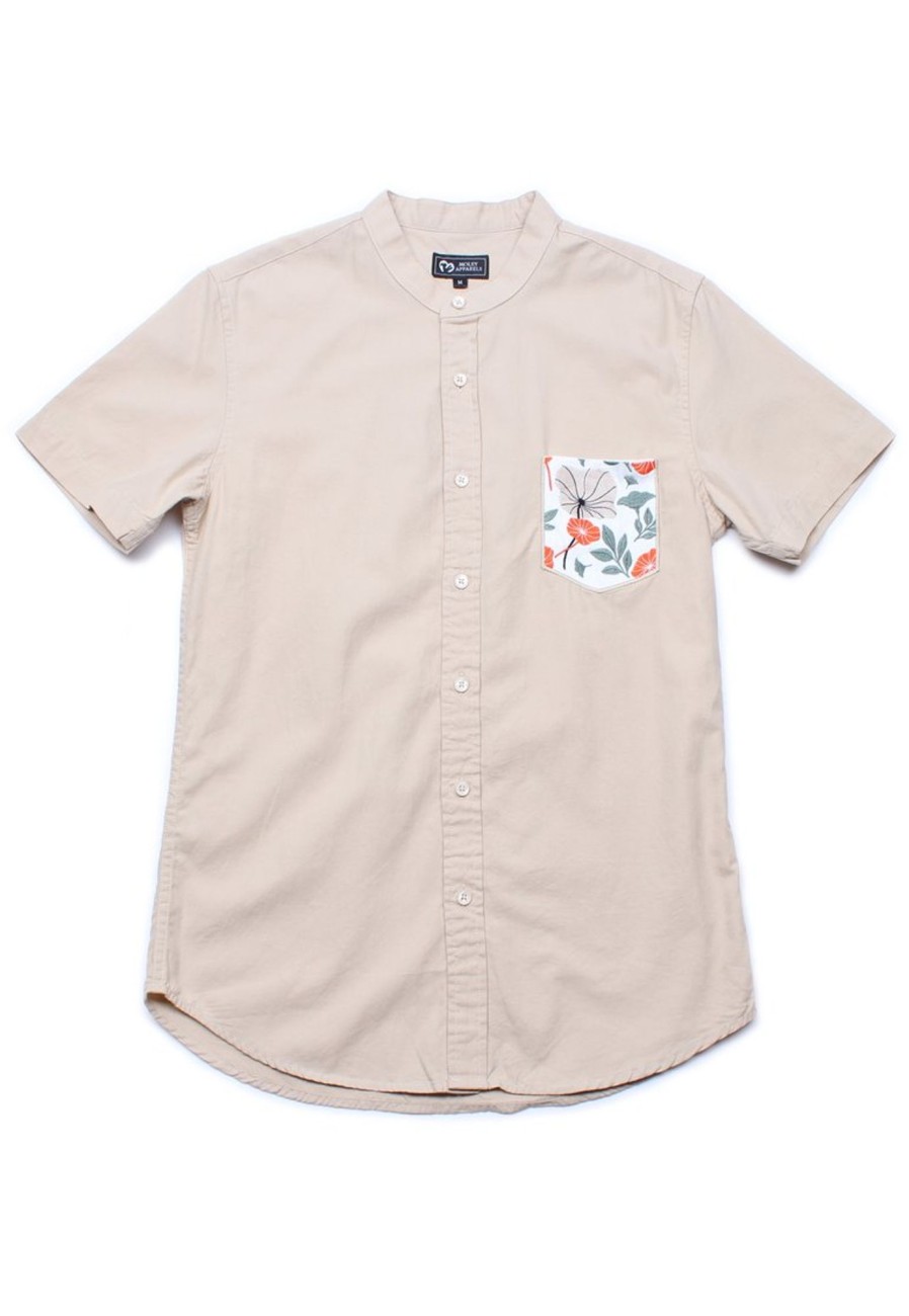 Matching Sets moleyapparels | Lotus Foliage Embroidery Pocket Mandarin Collar Short Sleeve Shirt Khaki (Men'S Shirt)