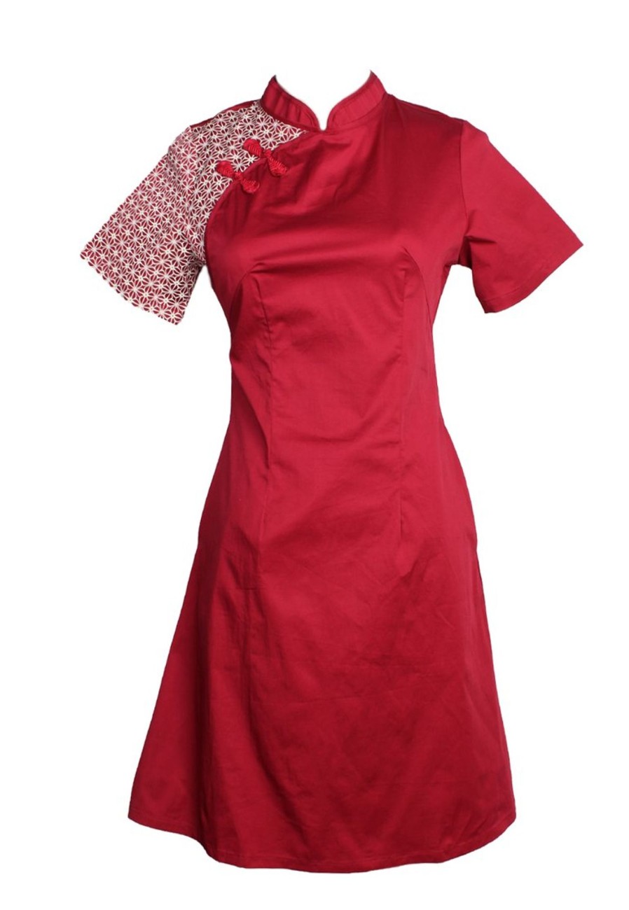 Matching Sets moleyapparels | Motif Detailed Twill Cheongsam Inspired Dress Red (Ladies' Dress)