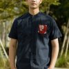 Matching Sets moleyapparels | Lotus Foliage Embroidery Pocket Mandarin Collar Short Sleeve Shirt Navy (Men'S Shirt)