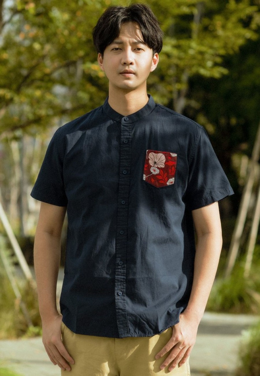 Matching Sets moleyapparels | Lotus Foliage Embroidery Pocket Mandarin Collar Short Sleeve Shirt Navy (Men'S Shirt)