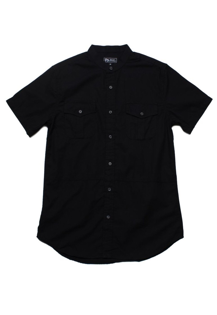 Matching Sets moleyapparels | Brushed Cotton Mandarin Collar Short Sleeve Shirt Black (Men'S Shirt)