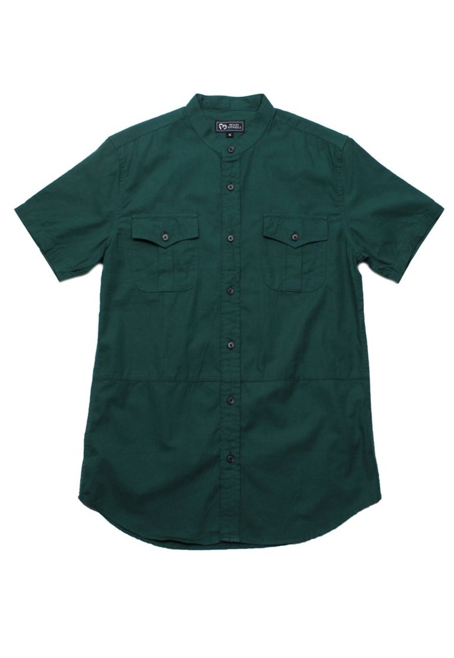 Matching Sets moleyapparels | Brushed Cotton Mandarin Collar Short Sleeve Shirt Green (Men'S Shirt)