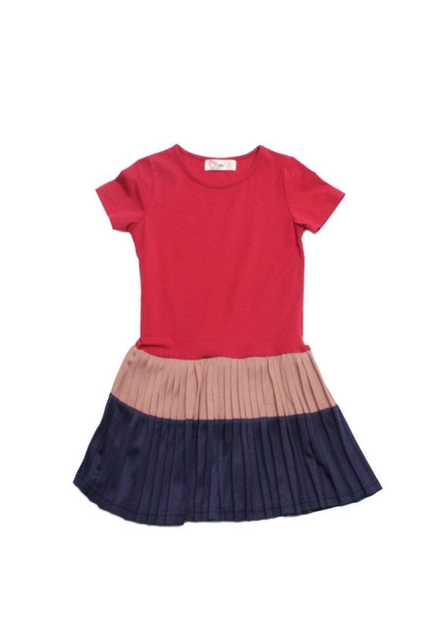 Matching Sets moleyapparels | Colour Block Tiered Pleated Girl'S Dress Red